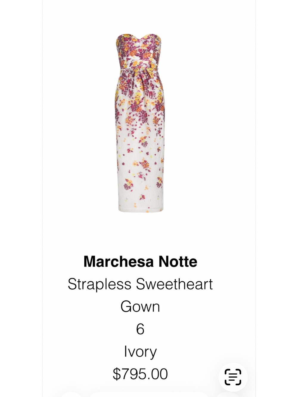 Marchesa Notte Strapless Sweetheart Floral Gown in White, Burgundy & Yellow